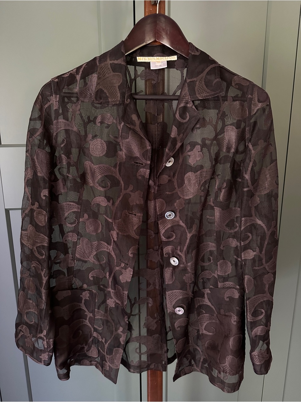 Sheer Brown Floral Silk Jacquard Button-Front Jacket